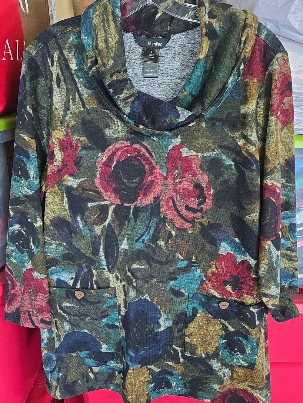 Ali Miles Floral Cowl-Neck Tunic in Teal, Navy, Olive, Mustard, and Rose